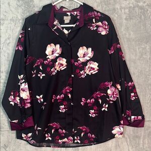 Chico’s Black Purple Floral Button Front Top Long Sleeve Blouse Size 2